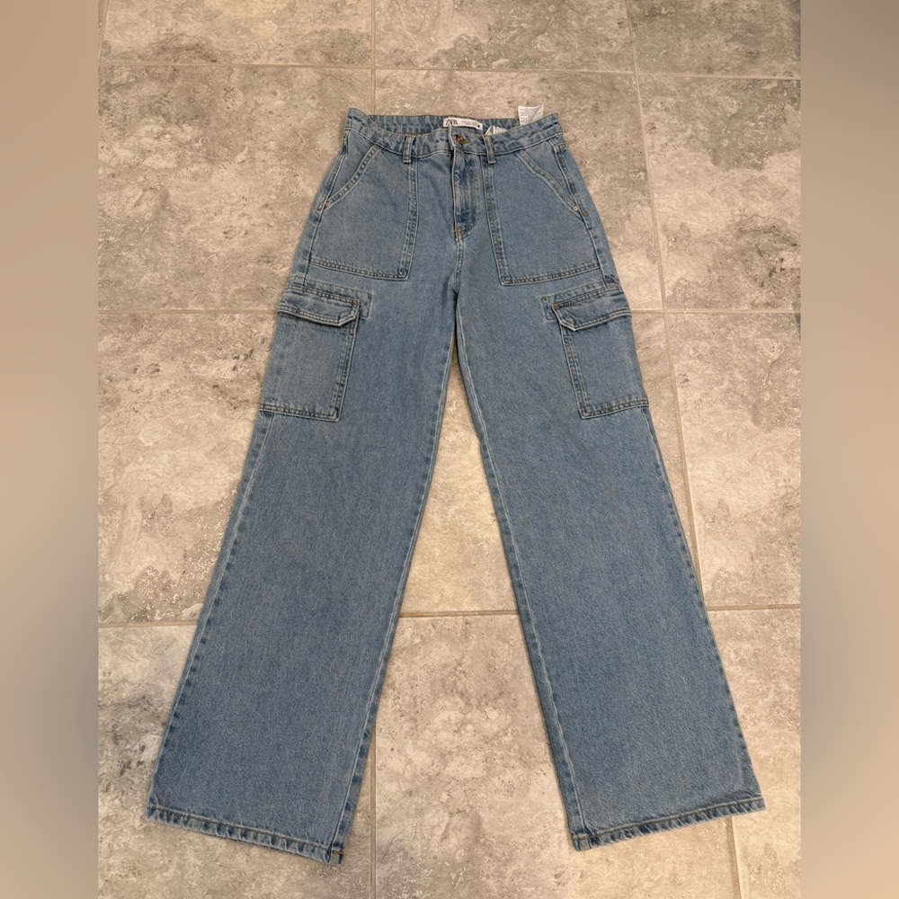 Zara Light Blue Wide Leg Cargo Jeans